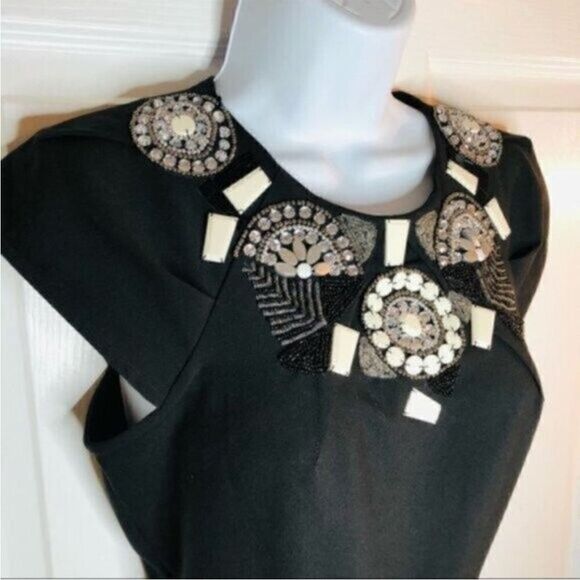 bebe Black Mini Sheath Dress Cap Sleeves Embellished Beaded Yoke Cocktail XXS - Picture 4 of 9